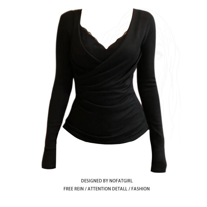 Plus-Size Pure Desire Style Lace Patchwork V-Neck Long-Sleeve T-Shirt for Women, Early Spring 2026, Slim-Fit and Flattering Top Tops M