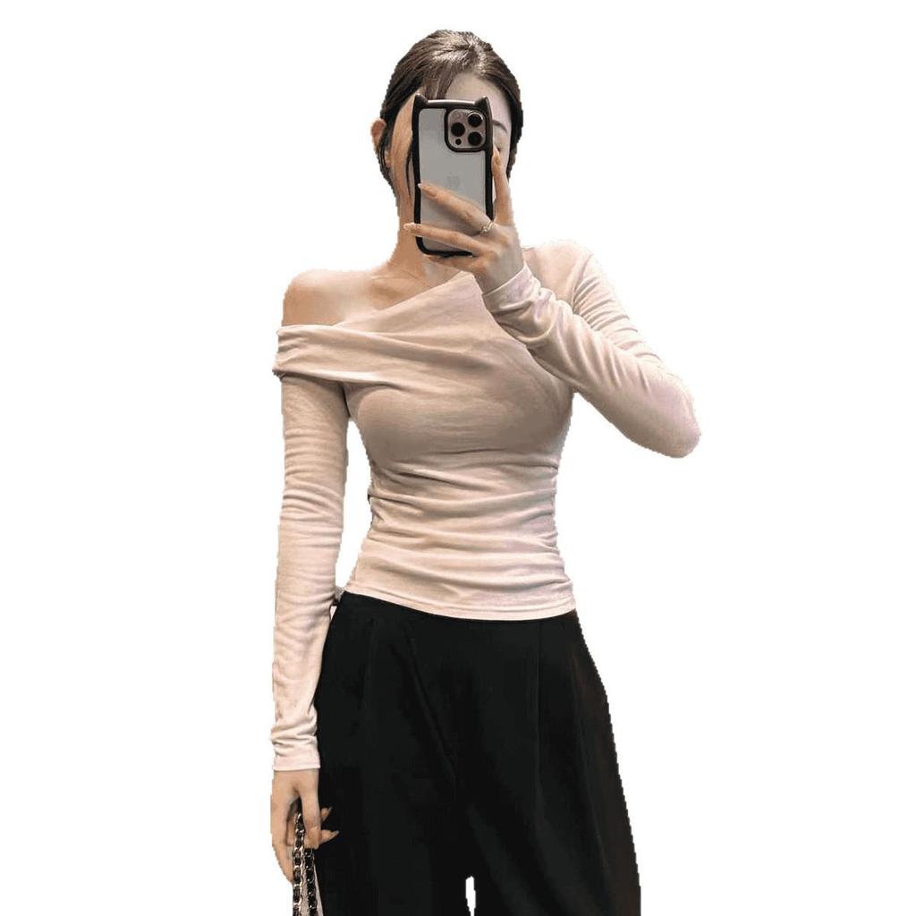 Asymmetrical Off-Shoulder Slim-Fit Long-Sleeve T-Shirt for Women - 2025 Autumn Elegant Pleated Design