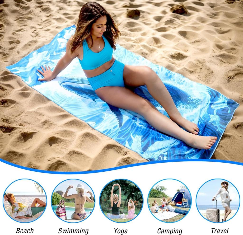 1PC Blue Whale Pattern Beach Towel for Family Stuffs Friends Gifts Quick-Dry Sand Free For Bath Yoga Beach Camping Swimming GYM