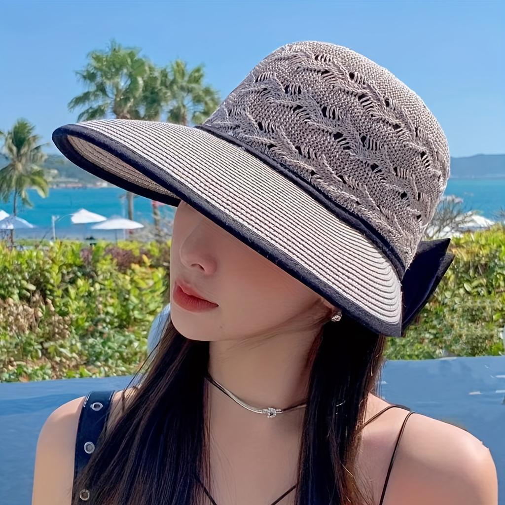 Women's Wide Brim Straw Sun Hat with Bowknot - Breathable Hollow Out Design, Foldable Summer Beach Hat
