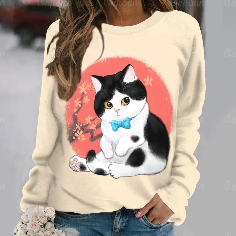 Autumn Cute Cat Pattern 3D Printed Hoodies Fashionable Casual Sports Long Sleeved Women's Hoodies