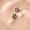 Silver Needle Pearl Camellia Earrings Black Earrings Small Fragrant Retro French Flowers