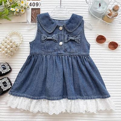 2026 Mädchen-Denim-Latzkleid mit Spitzenbesatz, Schleife und Puppenkragen