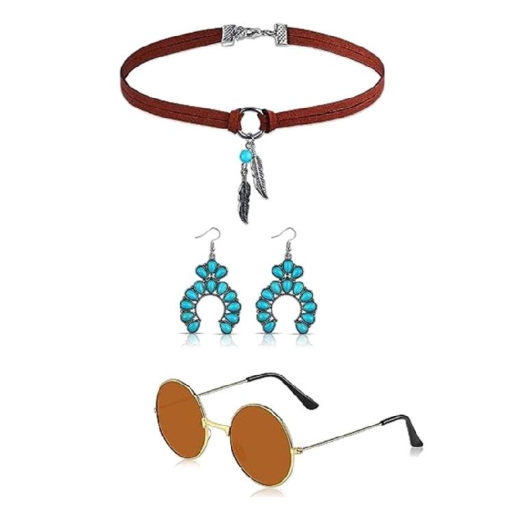 Bohemian Turquoise Jewelry Set Western Turquoise Jewelry Set Drop Earrings Bracelet Headband Sunglass,Choker Necklace