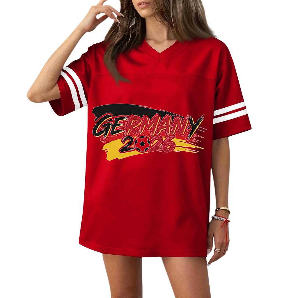 Women’s Casual V Neck Soccer Jersey Style Short Sleeve T Shirt with Germany Flag Print and 2026 Football Graphic Top