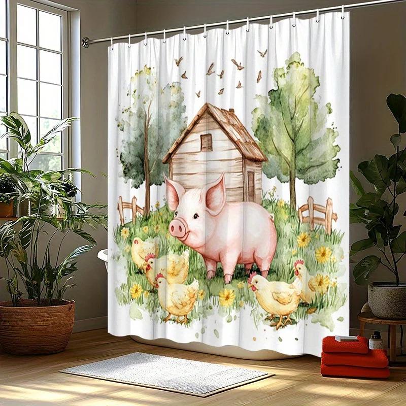 Pig & Chickens Shower Curtain - Farm Scene, Polyester, 12 Hooks,  Washable