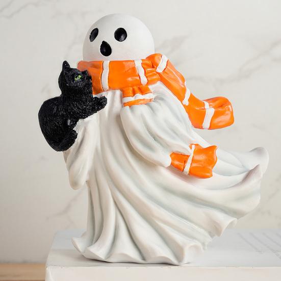 Halloween Ghost Figurine Resin Ghost And Black Cat Statue Desktop Ghost Wearing Scarf Ornament for Mantel Cabinet Shelf