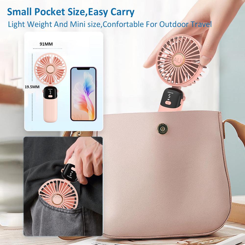 Handheld Fan Portable Neck Hanging Fan 5 Speed USB Rechargeable with Phone Stand and Display Screen Mini Foldable Fan for Travel