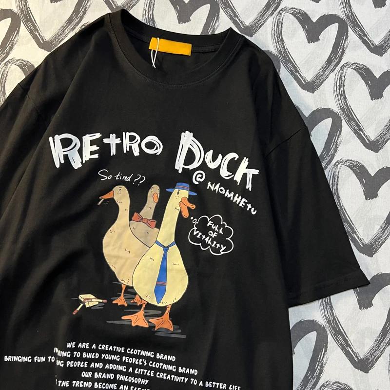 Drei Enten Ah Amerikanisches Retro-Cartoon-Bedrucktes Kurzarm-T-Shirt Für Männer Frauen Paar Locker Und Vielseitig Studenten-Top T-Shirt