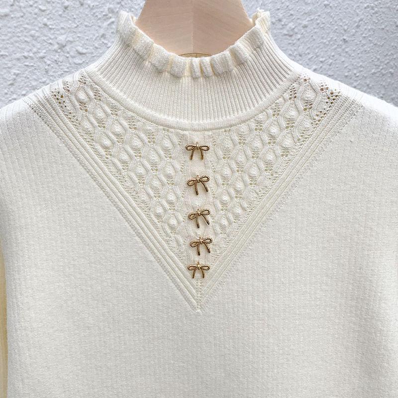 Eldelad fleece-tröja med halvhög krage för dam, fleeceförtjockad pullover, enfärgad långärmad avslappnad stickad tröja för höst och vinter