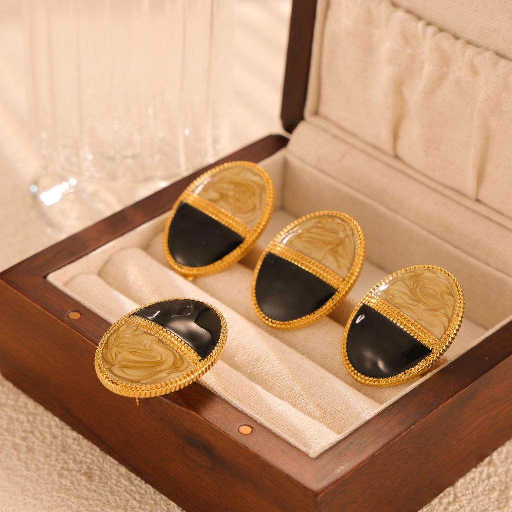 18k Gold-Plated Two-Tone Oval Button Earrings with Titanium Steel Ear Cuffs - European, American, Japanese, Korean Style.
