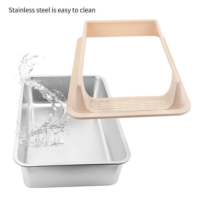 Large Half Enclosed Cats Litter Pan Stainless Steel AntiSplash Design Ventilation Litter Tray for Indoor Outdoor Cats