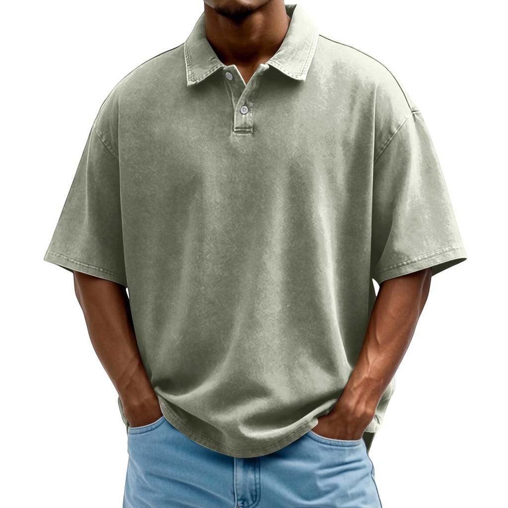 Men's Washed Vintage Polo Shirt Single Breasted Short Sleeve Casual Shirt with Turn Down Collar Loose Fit