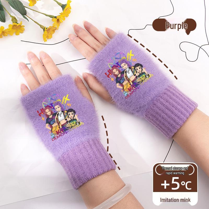 Kpop Women's Fingerless Knitted Gloves - Versatile Warm Plush Autumn/Winter Half-Finger Hand Socks, Solid Color for Students.