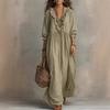 Women's V Neck Three Quarter Sleeve Maxi Dress Loose Fit High Waist Striped Dress With Ruffle Trim Boho Vacation Beach Dress