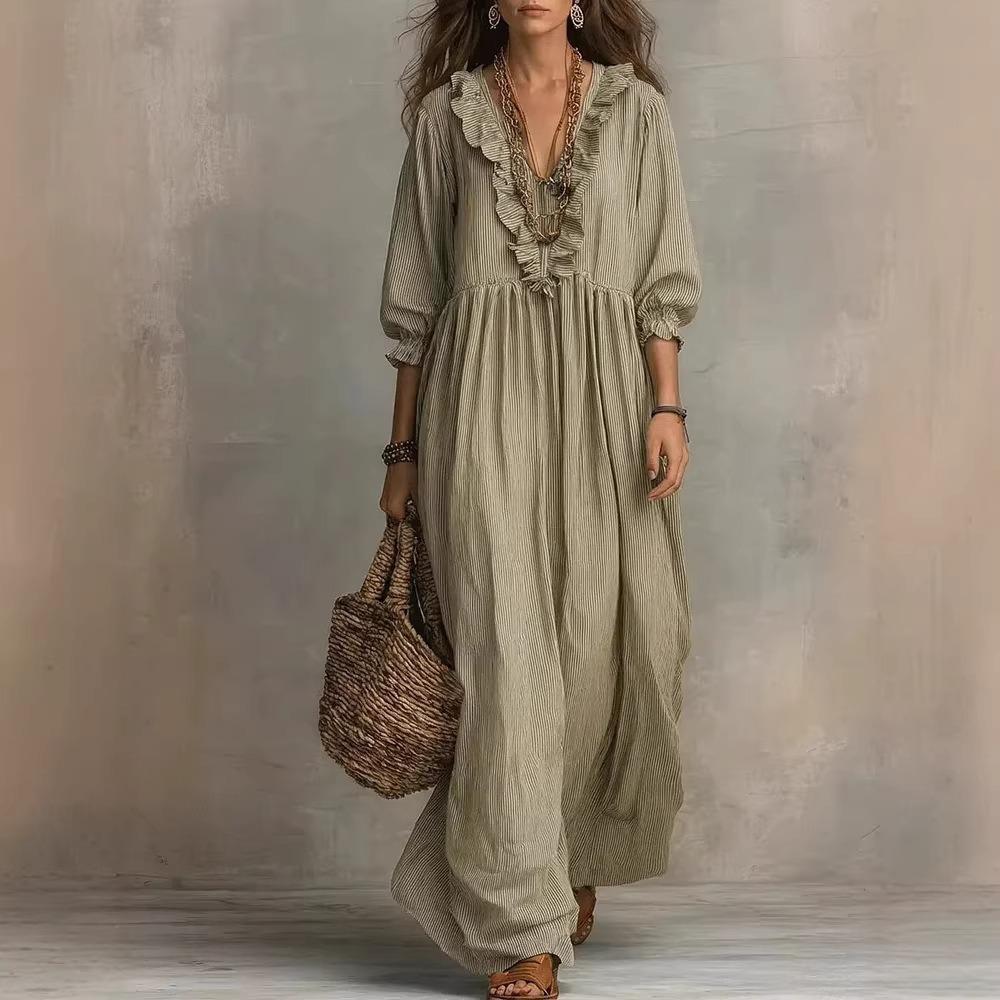 Women's V Neck Three Quarter Sleeve Maxi Dress Loose Fit High Waist Striped Dress With Ruffle Trim Boho Vacation Beach Dress