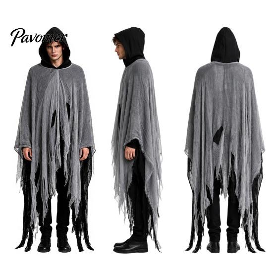 Vampiric Character Outfit Halloween Hooded Cloak, Medieval Gothic Wizard Vampires Cape with Black Mysterious Costume Accessory Mesh, Full Length