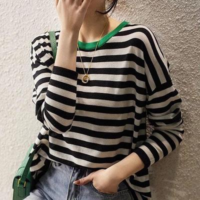 Round Neck Striped Clashing Knit Sweater Women's Sweater Gentle Style Loose Outer Top