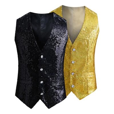 Colete masculino de lantejoulas brilhantes sem mangas Slim Fit Cardiagn Single-breasted com decote em V fivela traseira ajustável