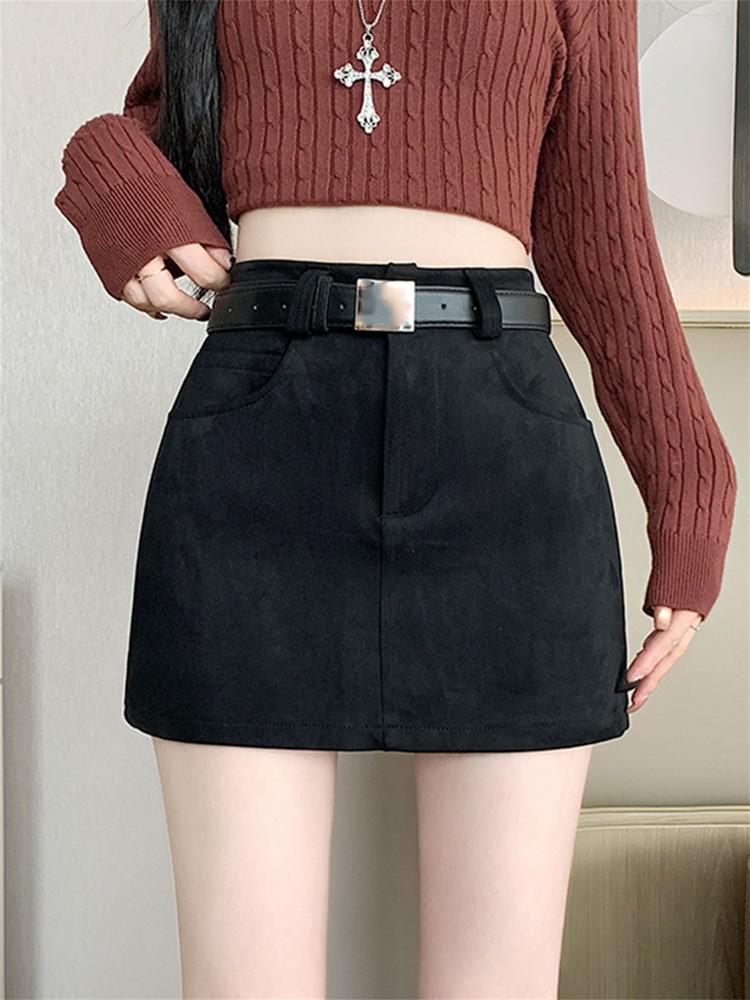 Melanoid Brown Suede A-line High-Waisted Women s Plus Size Skirt with Boots – Coffee Leather Short Skirt for Spring and Autumn L