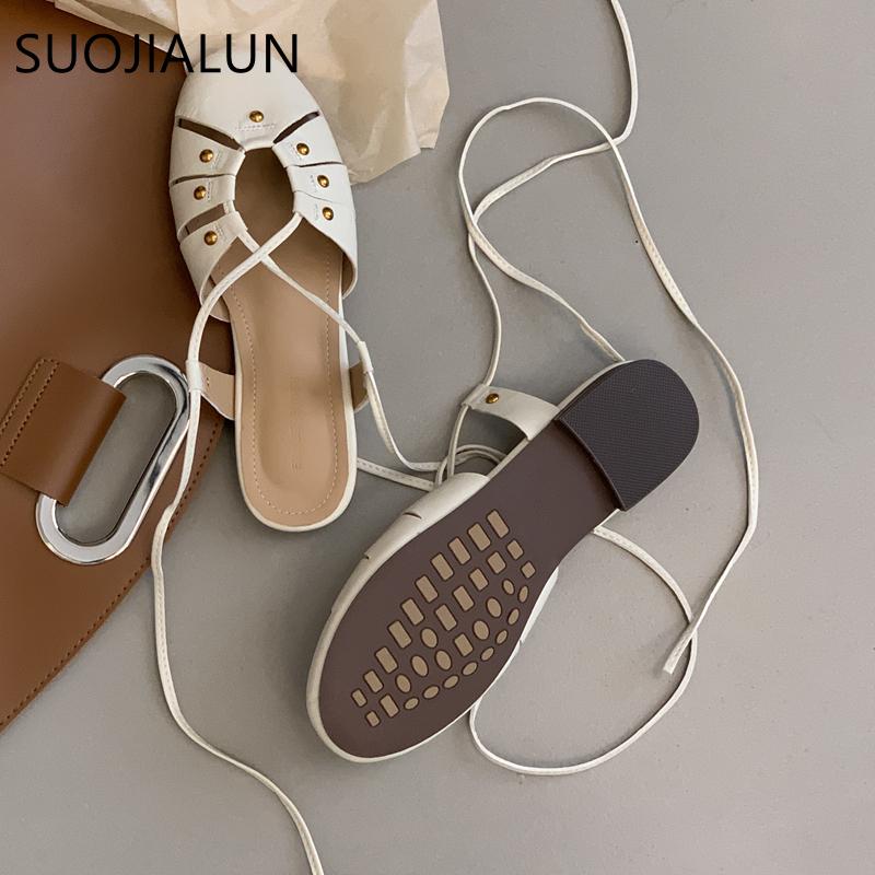 Fashion SUOJIALUN Autumn Women Flat Shoes Fashion Close Toe Lace Up Ladies Elegant Sandal Shoes Soft Flat Heel Outdoor Dress Slingback S