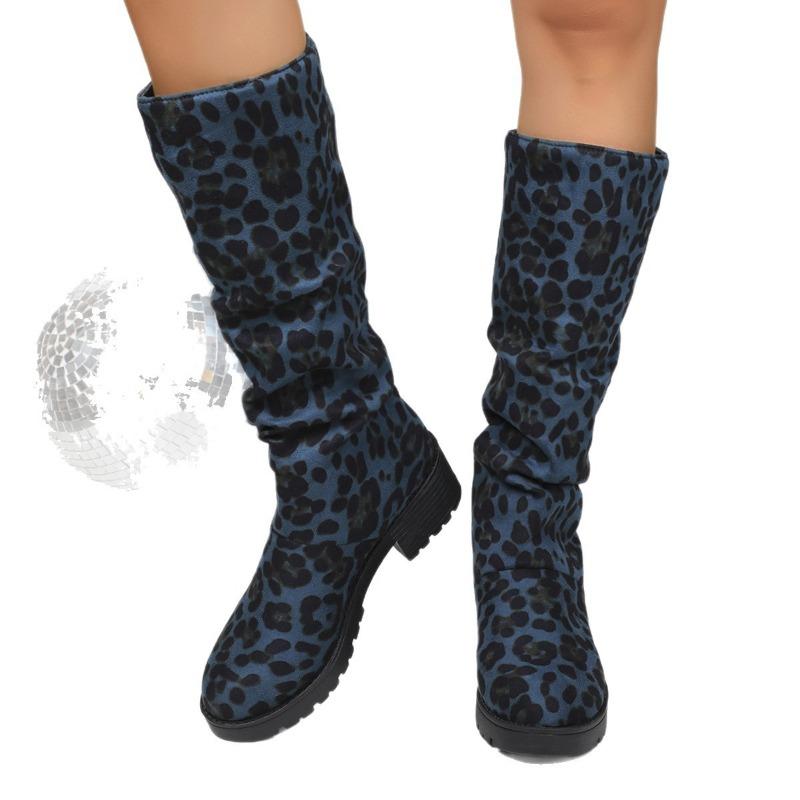 Large Size Leopard Print Suede Thick Heel Fashion Boots Women's Autumn and Winter New Fashion Versatile Wrinkled Stacking Boots