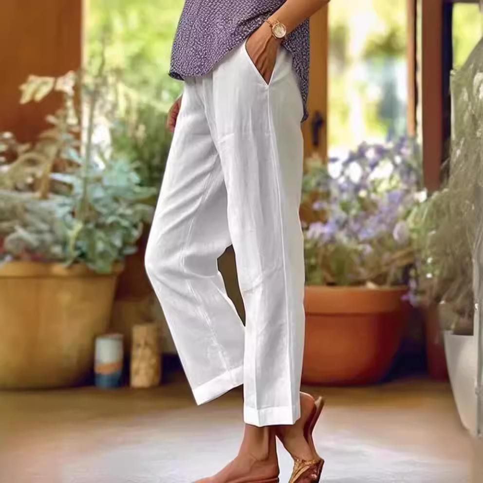 Baumwolle und Leinen Damen Loose Fashion Solid Color Gerade Freizeithose Damenbekleidung