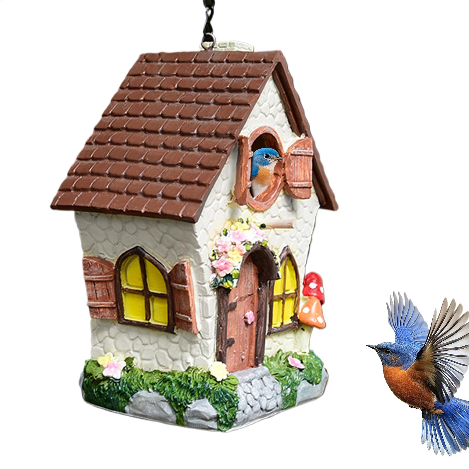 

Outdoor Fairy Garden Bird House 8.3-inch Hand-painted Resin Decorated Bird Nest With Chain Waterproof Cute Bird House China Mainland