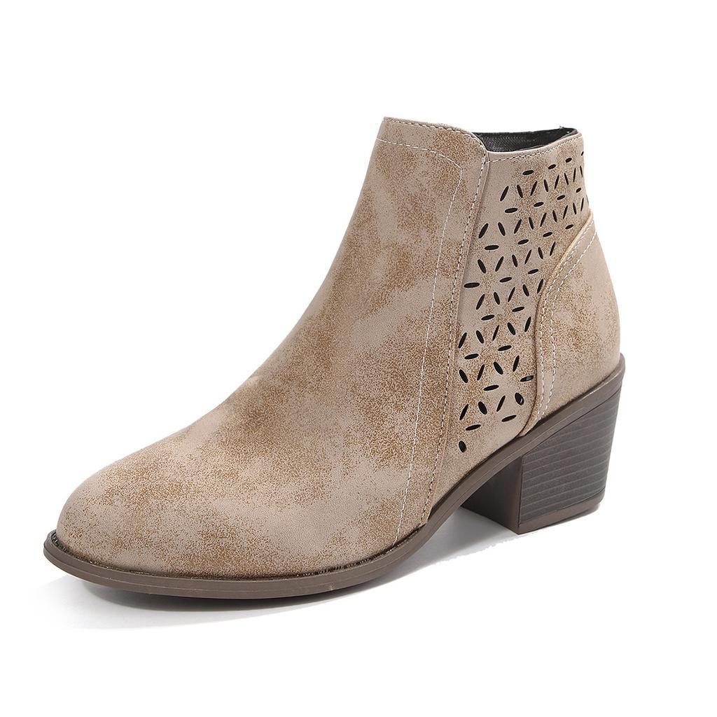 Large size boots women's autumn and winter new hollow solid color thick heel side zipper short women's Martin boots