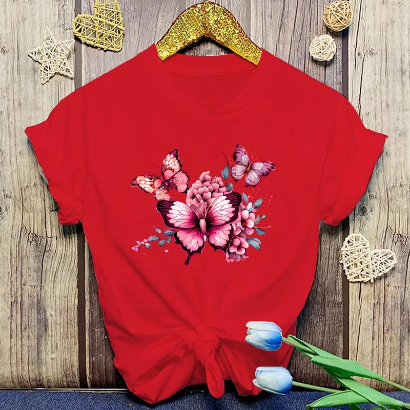 Flowers Butterfly Print Tshirt Summer Fashion Casual Short Sleeve Round Neck Tops Women/Mens T-Shirts
