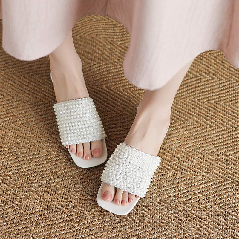 

Krazing Pot Гладиаторские мюли с жемчужными бусинами, летние, размер 42, низкие каблуки, уличные тапочки, женские сандалии с открытым носком 42 белый