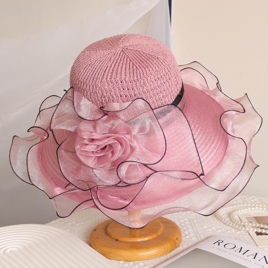 Elegant Summer Women's Sun Hat Breathable Organdy Material Foldable Design Woven Top Flower Decoration