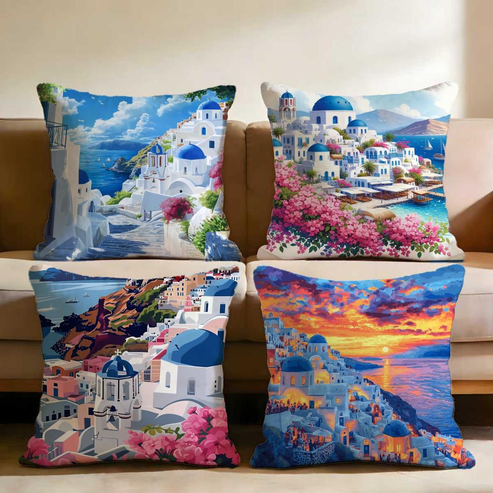 Santorini Landscape Cushion Cover Multi-Scene Pillow Cover for Home & Car - Reversible, Soft & Durable for Daily Use