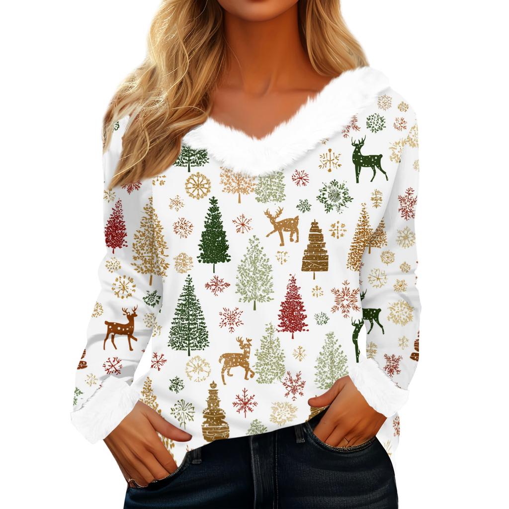 Women's Casual Fashion Long Sleeve Christmas Printed Flannel Collar Top