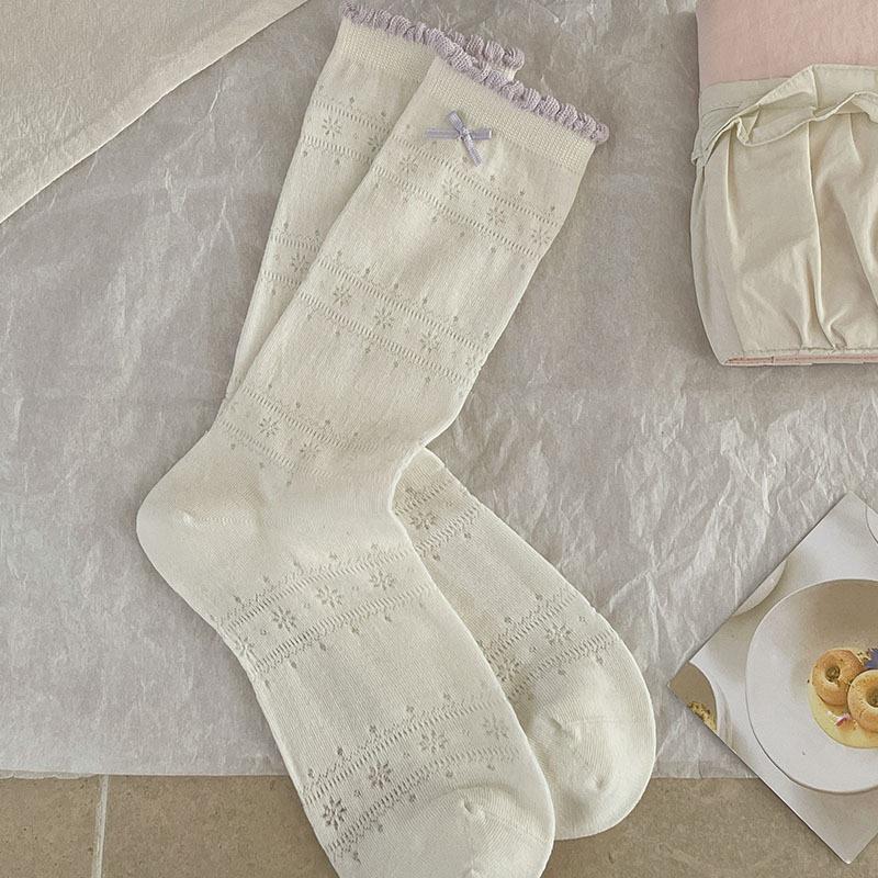 Floral Bowed Socks - Women's Mid-length Socks. Spring/Summer Lightweight Open-patterned Pile Socks. Summer Stockings.