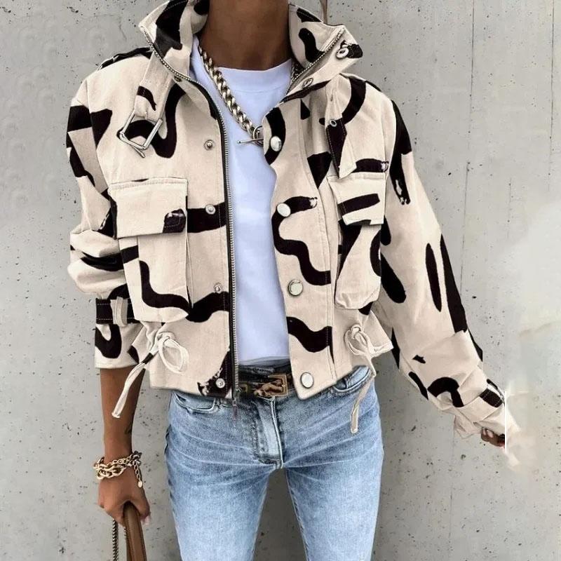 Women's Short Windbreaker Jacket Printed Workwear Long Sleeve Drawstring Coat