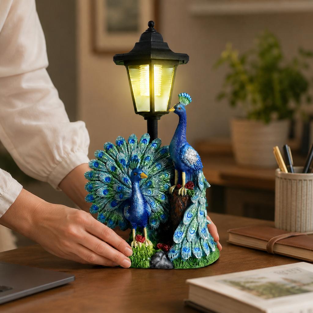 Outdoor Solar Powered Resin Peacock Statue with Garden Lamp Solar Animal Figurine for Yard Patio Courtyard Decoration