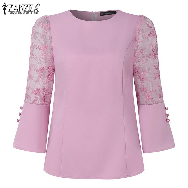 ZANZEA Damen Freizeitbluse mit Spitzen-Patchwork, 3/4-Ärmeln und lockerem Schnitt