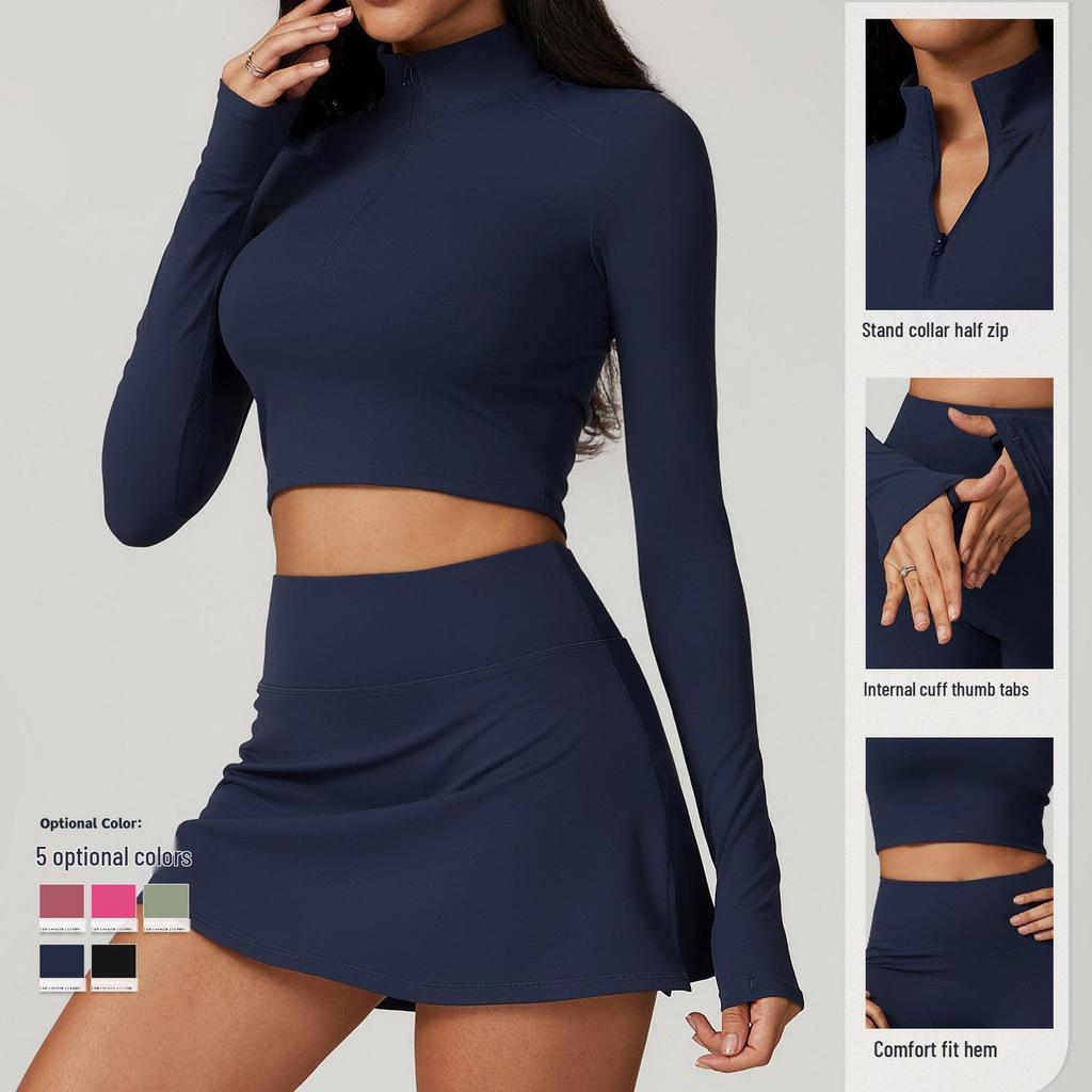 Damen High-Intensity Schnelltrocknender Yoga-Anzug: Oberteil mit Reißverschluss und langen Ärmeln & Laufrock