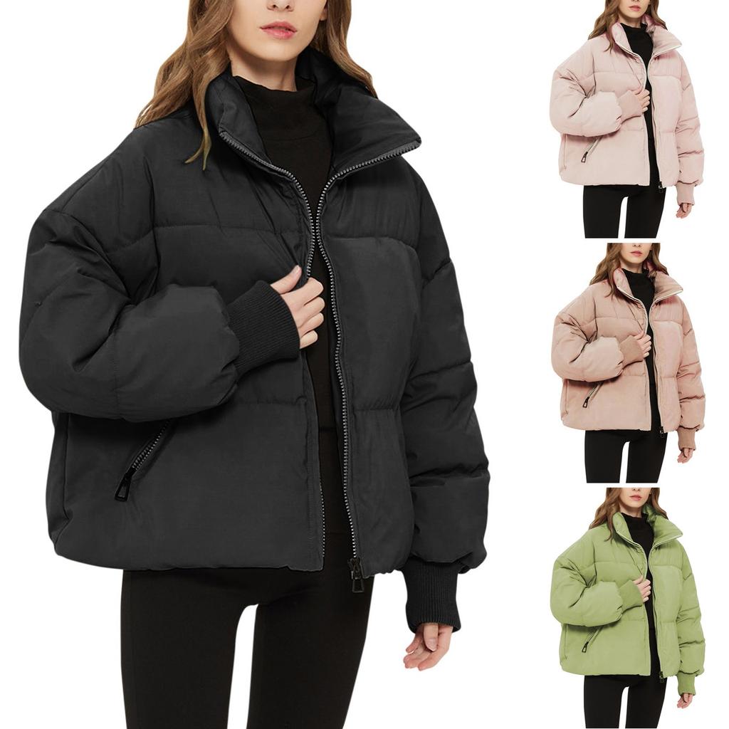 Women's Fashion Leisure Solid Color Long Sleeve Loose Stand Collar Zipper Coat Cotton Top