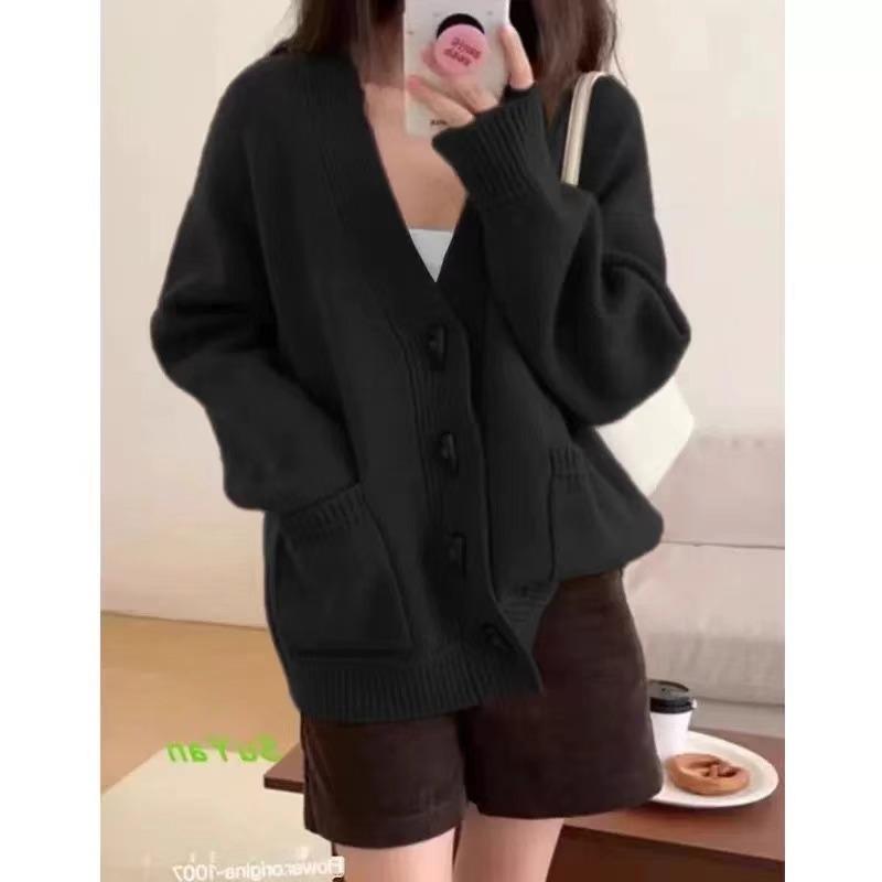 

Вязаный кардиган с угловой застежкой, женский, новый, мягкий, свободный, с V-образным вырезом, куртка-свитер на осень и зиму average size чёрный