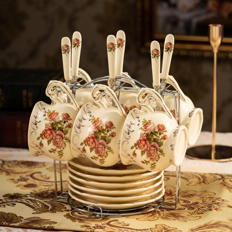 European Floral Tea Cup & Saucer Set with Gold Rim - Light Luxury Afternoon Tea Set for Home Use