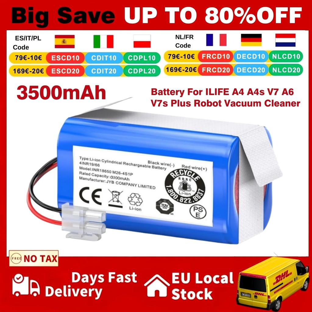 Original 14.8V 2600mAh 3500mAh Lithium Battery for ILIFE A4 A4s V7 A6 V7s Plus Robot Vacuum Cleaner INR18650 M26-4S1P Battery
