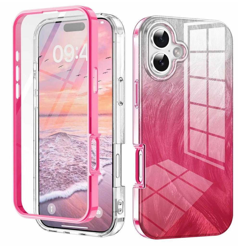 For iPhone 16 Plus Case Gradient Feather Pattern PC+TPU Phone Cover Built-In PET Screen Film