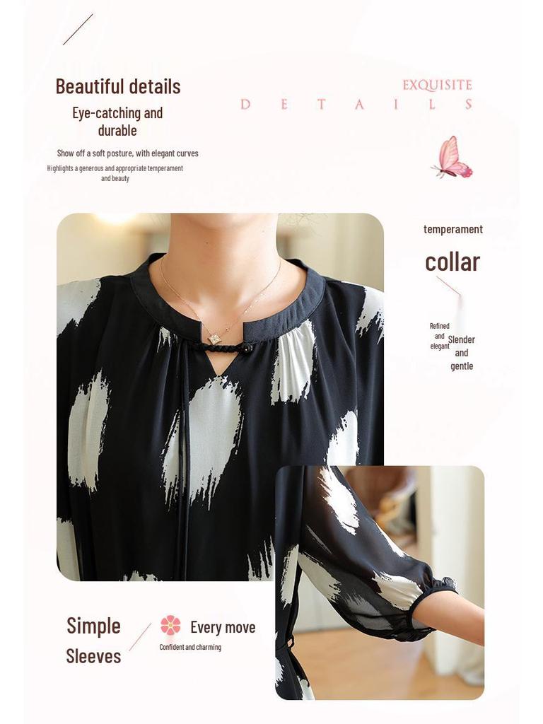 Summer Women's Short-Sleeved Chiffon Midi Dress with Meat-Print Design