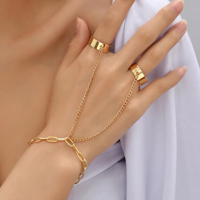 Simple Heart Slave Chain Bracelet Gold Plated Link Connected Wide Finger Ring Bracelets Jewelry Gifts For Women Girls