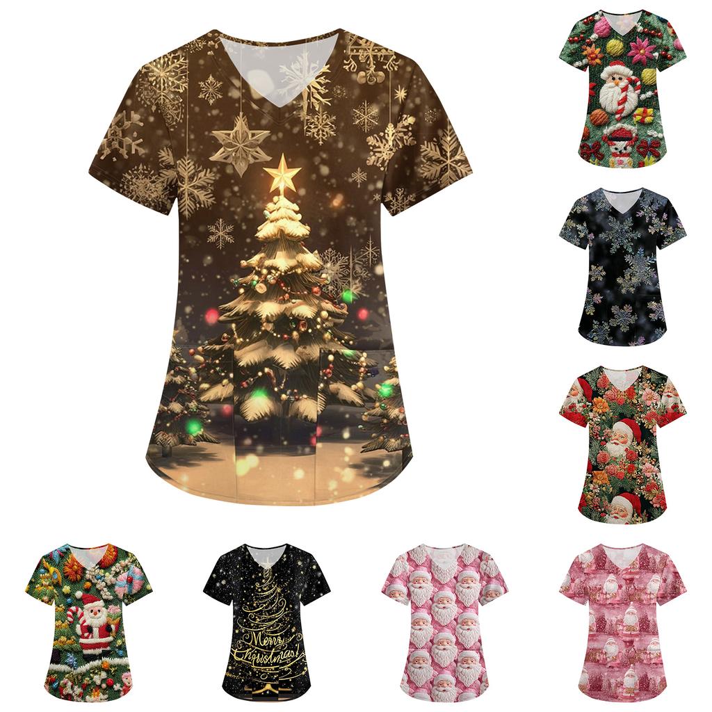 Women's Fashion V-Neck Short Sleeve Overalls With Pockets Christmas Printed Tops  Clothes