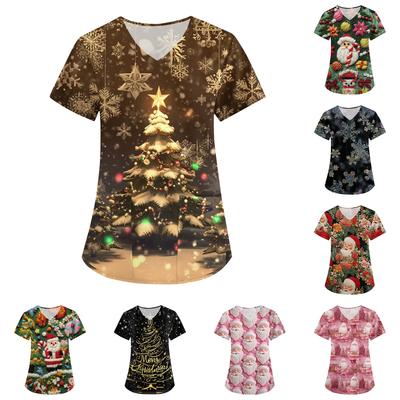 Women's Fashion V-Neck Short Sleeve Overalls With Pockets Christmas Printed Tops  Clothes