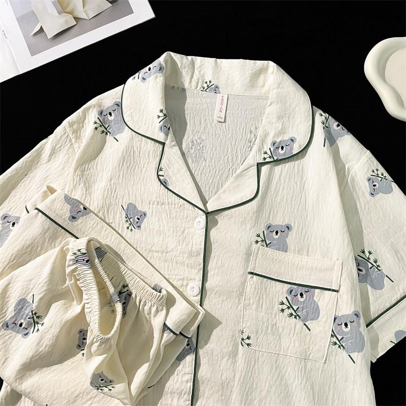 Women's Faux Cotton Pajamas Set Summer Cute Sleepwear 2 PCS Short Sleeve Tops and Shorts Soft Casual Cute Bear Printing Outfits