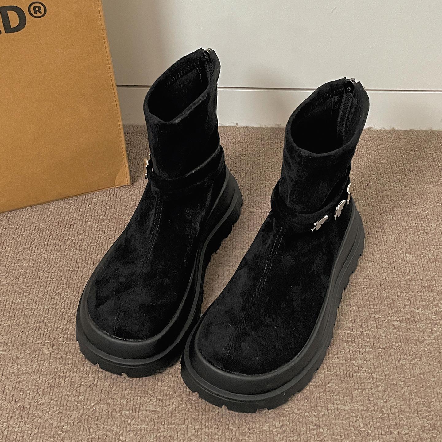 

Queen Fan retro British style platform boots women s 2025 new summer with skirt versatile soft-soled short boots 35 чёрный